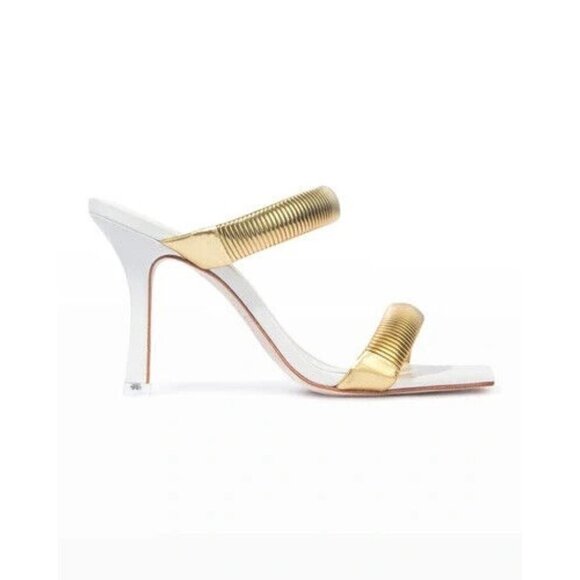 BLACK Suede Studio BNWT "Lisa" Dual Band Heels Gold White Sz 36 New Leather - Picture 10 of 10